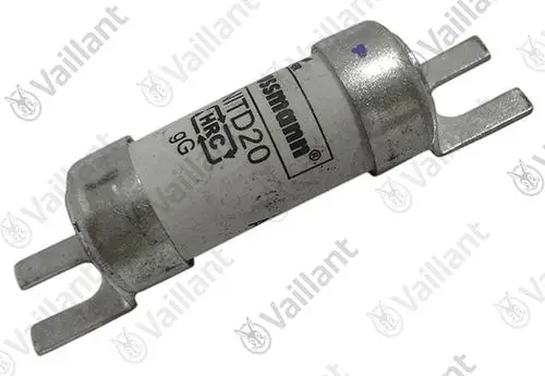 Vaillant-Sicherung in zylindrischer Form mit zwei Anschlüssen. Metalldesign mit beschrifteter Fläche.